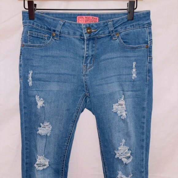 Wax Jean Medium Wash Denim Mid Rise Distressed Skinny Jean size 3 - Picture 3 of 7